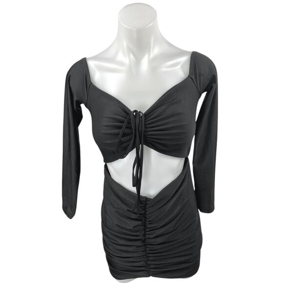 Adika Black Cut-Out Long Sleeve Ruched Tie Sweetheart Neck Mini Bodycon Dress M - Picture 1 of 4